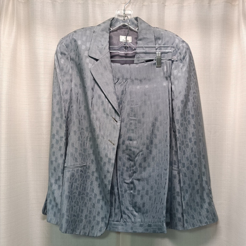 Zanella Casandra 100% Silk Pant Suit Slate Blue Jacquard Womens 14 Italy Preppy